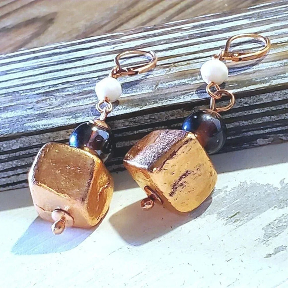 Handcrafted Nepal Copper Dipped Baroque Brass Beads Earrings - Picture 6 of 7